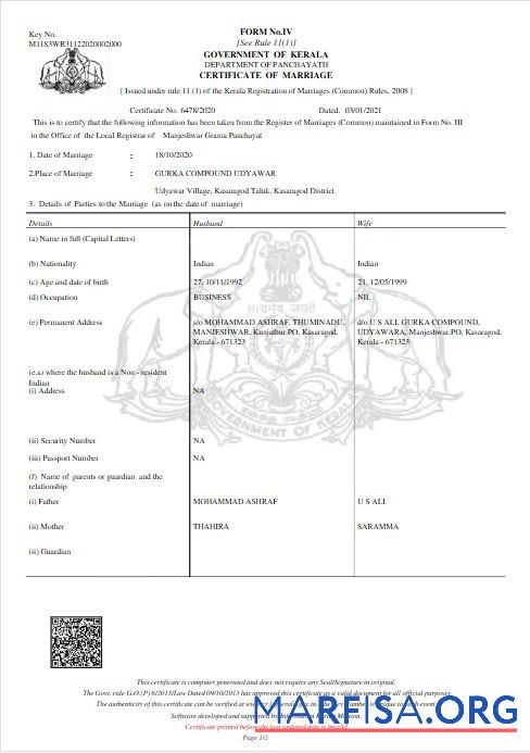Downloadable India Government of Kerala marriage certificate real example